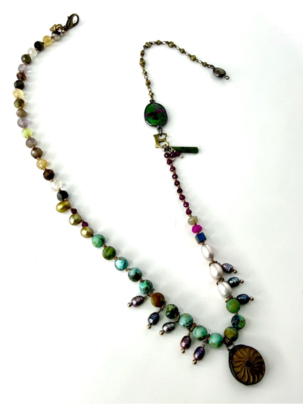 Artisan Knotted Multi Gemstone Necklace, Turquoise Pearls Vintage Pendant